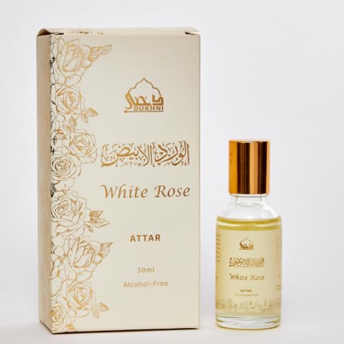 Dukhni White Rose Attar Oil Arabic perfume oils for men and women | 30ml Pure roll on perfume, Long lasting alcohol free scent | Eid, Ramadan, Umrah Gifts, Vegan Islamic Fragrances