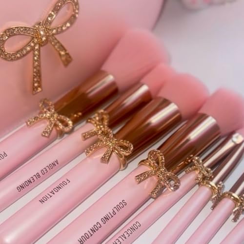 Bow Makeup Brush Set – 9-Piece - Pink bow makeup bag Coquette with Gold Bow & Storage Bag – Beginner Friendly makeup Brushes for Foundation, Contour & More