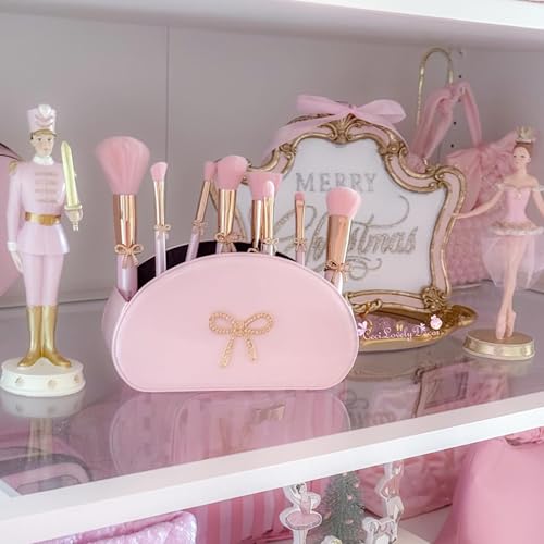 Bow Makeup Brush Set – 9-Piece - Pink bow makeup bag Coquette with Gold Bow & Storage Bag – Beginner Friendly makeup Brushes for Foundation, Contour & More