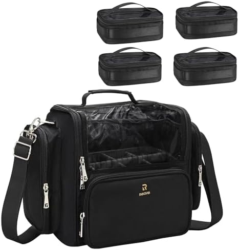 Makeup Brush Bag Extra Large Makeup Brush Case with 4 small bags Professional Makeup Artist Brush Holder Stand Up Organizer for Travel with Adjustable Dividers and Shoulder Strap