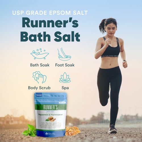 Runner's Bath Salt 32 Ounces Epsom Salt with Natural Peppermint, Frankincense, Lemon, Cypress, Tea Tree and Lemongrass Essential Oils Plus Vitamin C in BPA Free Pouch with Easy Press-Lock Seal
