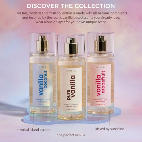 LAVANILA Vanilla Coconut Healthy Hair + Body Perfume Mist, 5 Fl Oz - Sweet & Tropical Fragrance Spray Formulated with Jojoba Oil, Madagascar Vanilla, Coconut, Tahitian Tiare Flower