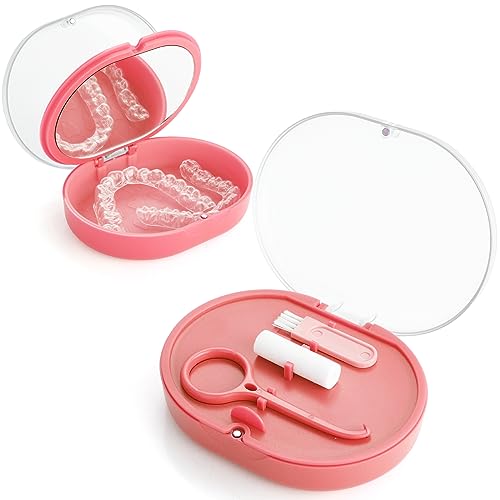 Double Layer Retainer Case Portable Aligner Case for Orthodontics Build In Mirror With Removal Tool,Chewies&Cleaning Brush Kit