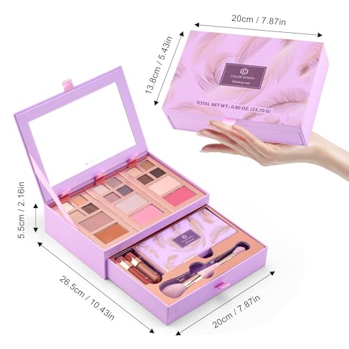 Color Nymph Small Makeup Palette Set for Face | Cosmetics Gift Set for Women & Girls | 12 Colors Eyeshadow, Blush, Highlighter, Contour Powder, Lip Gloss & Brush Kit | Travel-Friendly (Purple)