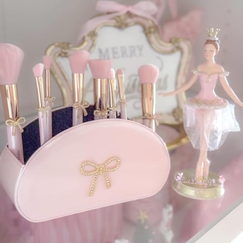 Bow Makeup Brush Set – 9-Piece - Pink bow makeup bag Coquette with Gold Bow & Storage Bag – Beginner Friendly makeup Brushes for Foundation, Contour & More