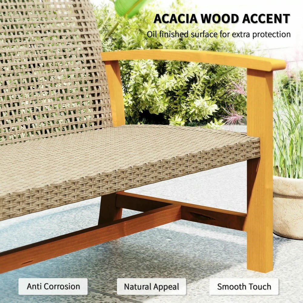 GVN Outdoor Couch Patio Sofa,3-Seat Wicker Outdoor Couch Patio Sofa, Acacia Wood Patio Furniture with Steel Seat Armrests, Teak