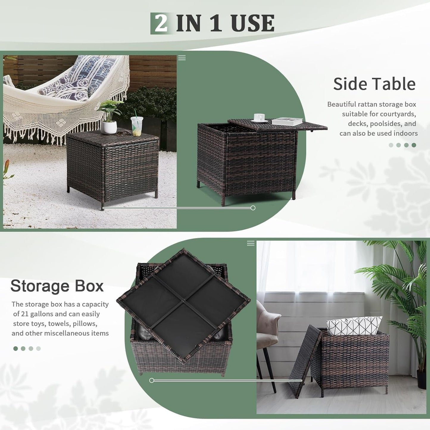 ETHFRF Outdoor Side Table with Storage, 27-Gallon Patio Deck Box Outdoor Wicker Side Table for Poolside Balcony Storage Table (Brown, Square)，Brown