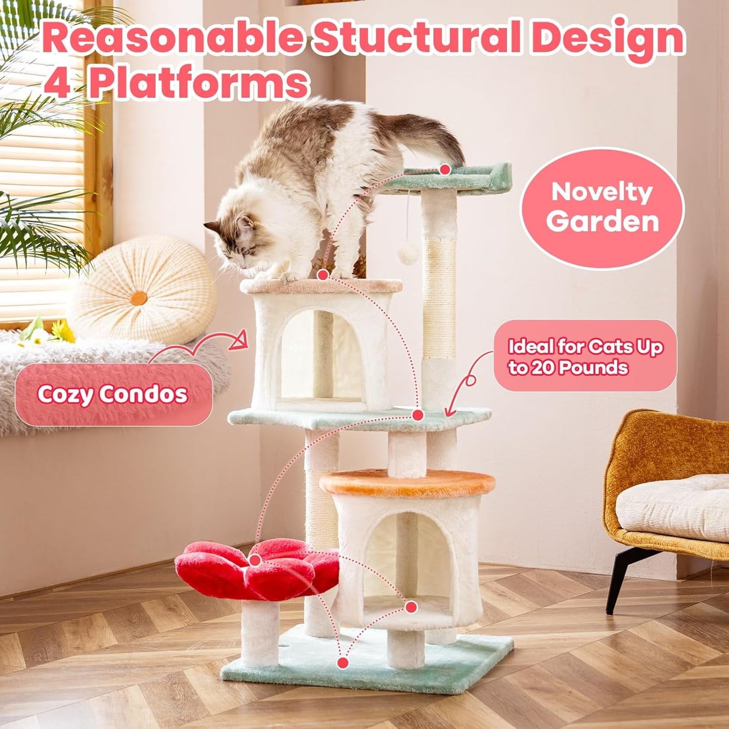 Flower cat climbing frame, tower-style apartment furniture suite, soft resting area cat play platform, multi-level toy ball pet house with scratch posts, indoor cat play facilities.