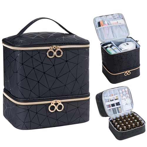 Uross Nail Polish Organizer Bag Holds 30 Bottles Nail Polish & Nail Kit -Nail Polish Storage Organizer Bag Nail Supplies Organizer Case for Nail Tech - Black