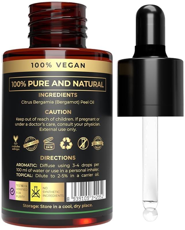 Bergamot Essential Oil - 100% Pure, Organic, Aromatherapy Oil | Ideal for Diffusers, Massage, Skin Care & Hair Care - Calming Bergamot Fragrance Oil | Great for Relaxation & Wellness