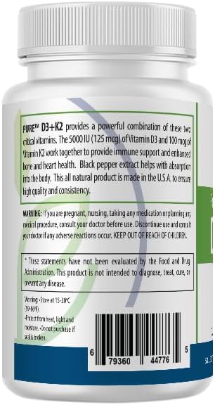 PURE D3 + K2, 5000 IU Vitamin D3, 100 mcg Vitamin K2, Black Pepper Extract, 60 Capsules, 2-Month Supply, Bone & Immune Support