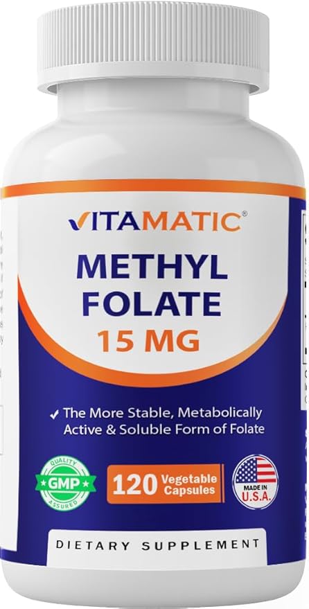 Vitamatic Methyl Folate 15mg – 120 Vegetable Capsules Optimized and Activated High Potency – Metabolically Active Folate