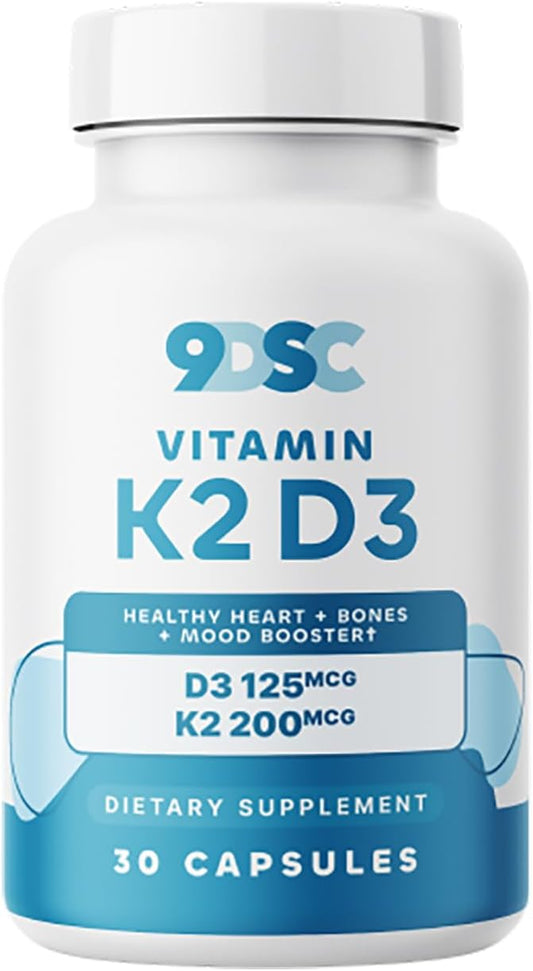 9DSC Vitamins D3 and K2-30 Capsules - K2 D3 Vitamin Supplement for Bone Health - Fast-Absorbing 200 mcg K2 Vitamin Supplement as MK-7-125 mcg of D3 - Made in USA