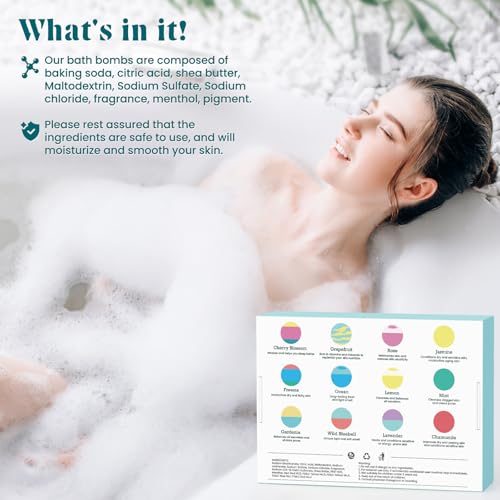 Bath Bombs for Women, 12pcs Handmade Natural Bath Bomb, Stocking Stuffers, Mothers Day Presents for Mom, Bath Bomb with Shea Butter, Valentines Day Gifts for Her and Him