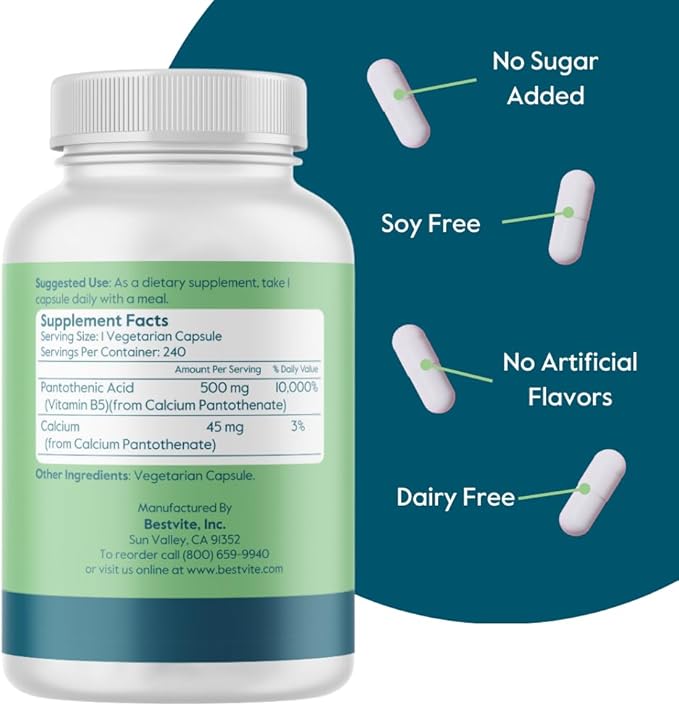 BESTVITE Pantothenic Acid 500mg (Vitamin B5)(240 Vegetarian Capsules) - No Stearates - No Gelatin - No Calcium Silicate - Vegan - Non GMO - Gluten Free