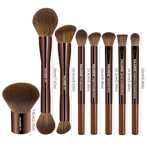 MAANGE 8 PCS Makeup Brush Set Double-end Makeup Brushes for Blending Liquid Powder Concealer Eyeshadow Blush Burshes Set (Brown)