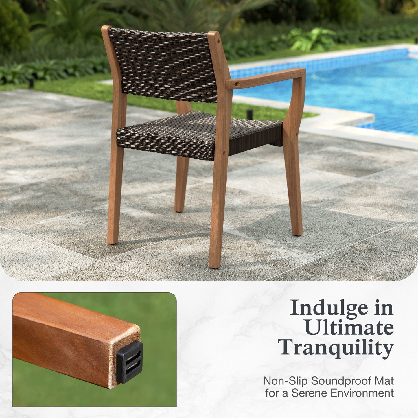Alpha Joy Wicker Rattan Outdoor Patio Dining Chairs with Acacia Wood Structure - Set of 2, Dark Brown