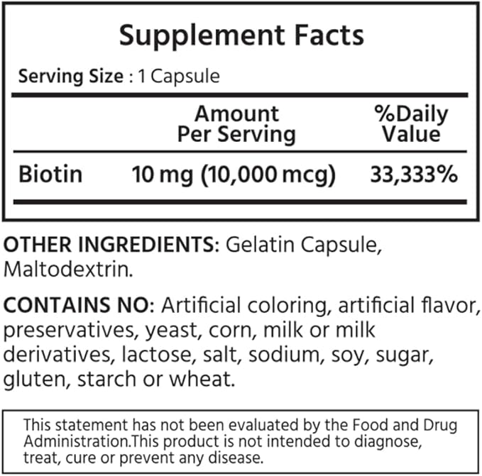Biotin 10000 mcg 360 Capsules. Supports Healthy Hair, Skin, Nails, and Energy Production.