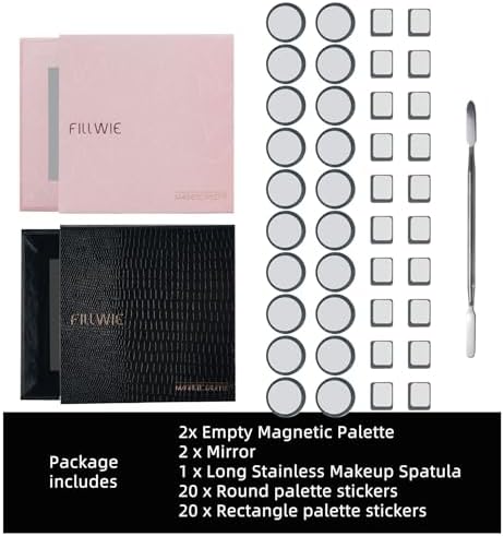 Small Empty Magnetic Makeup Palette with Mirror, Long Spatula, 20 Metal Stickers, Suitable for Eyeshadow Lipstick Blush Powder Highlighter and Contour, 2-Pack Palettes (Pink+ Black, Small)