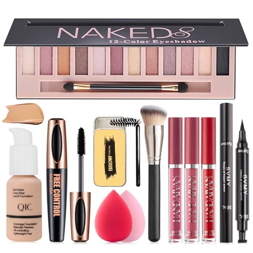 All in One Makeup Kit, Includes 12 Colors Naked Eyeshadow Palette, Beige Liquid Foundation, Lipstick Set, Eyebrow Soap, Eyeliner Stamp, Waterproof Mascara, Brush, Sponges