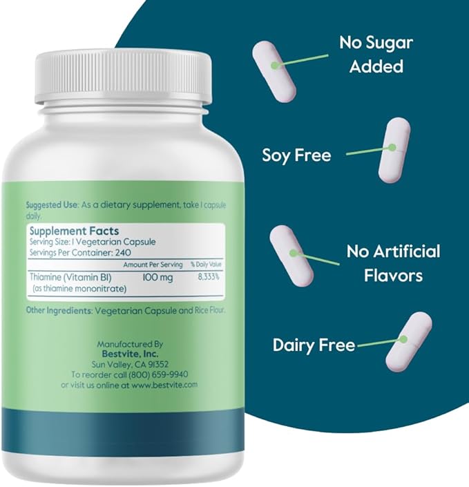 BESTVITE Vitamin B-1 100mg (240 Vegetarian Capsules) - No Stearates - No Dicalcium Phosphate - Vegan - Non GMO - Gluten Free