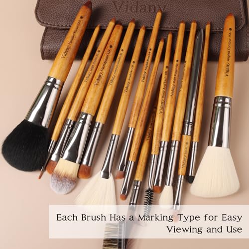 Makeup Brush Set: 15pcs Walnut Wooden Makeup Brushes With Leather Button Bag, Professional Makeup Brushes For Foundation Concealer Kabuki Blush Eyeliner Shadow Brow, Makeup Brush Sets & Kits