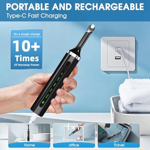 Tooth Polisher - Plaque Remover for Teeth Whitening Dental Tools Electric Tartar Polishing Teeth Cleaning Kit with LED Light 5 Speed Modes with 5 Replacement Brush Heads (Black)