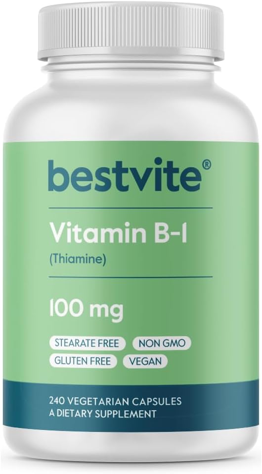 BESTVITE Vitamin B-1 100mg (240 Vegetarian Capsules) - No Stearates - No Dicalcium Phosphate - Vegan - Non GMO - Gluten Free
