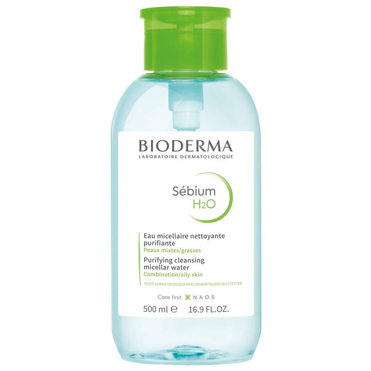 Bioderma S  Bium H2O Pump, Micellar Water, Cleansing And Make-Up Removing For Combination To Oily Skin, Green Bottle, 17 Fl Oz
