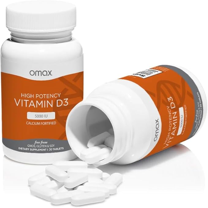 Omax3 Vitamin D3 5000 IU + Calcium, 30-Day Supply, Strong Bones, Muscles & Joints, Heart Health, Immunity, Non GMO, No Gluten, No Soy - 30 Tablets
