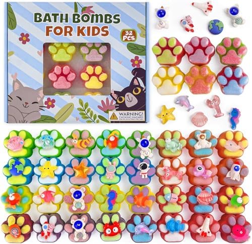 Bath Bombs for Kids with Surprise Inside, 32 Pack Paw Bath Bombs with Toy, Ocean Animals and Space Planet Toys SPA Fizzy Handmade Natural Bath Bomb Gift Set at Christmas, Birthday