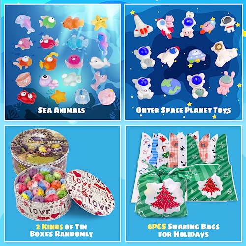DOVIPE 34PCS Bath Bombs for Kids with Toys Inside Girls and Boys, Surprise Bath Bombs with Ocean Animals and Space Planet Toys Inside, Natural Organic Bubble Bath Fizzies, Gift Tin Box for Christmas