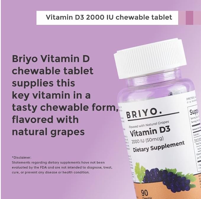 Briyo Vitamin d3 chewable Tablet - 2000 IU (50 mcg Per Serving) - Delicious Natural Grape Flavor, 90 Count