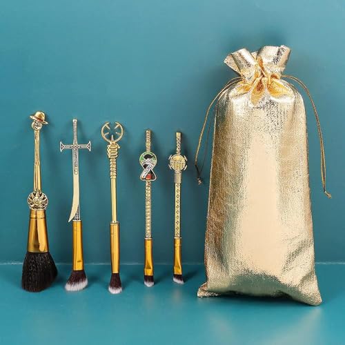 Set Of 5 One Piecess Anime Makeup Brushes - With Metal Handle, Velvet Gift Bag, Anime Peripheral, Birthday, Thanksgiving, Christmas, One Piece Fan Gift (Set)