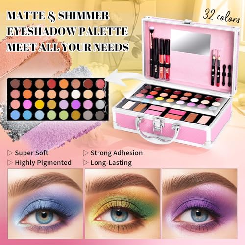 Beginner Makeup Kit for Teen,Makeup Set for Girl Women,Beginner Makeup Kit with Cosmetic Train Case Included 32 Colors Eyeshadow Blush Contour Lip Gloss Lip Liner Mascara Eyeliner Mirror