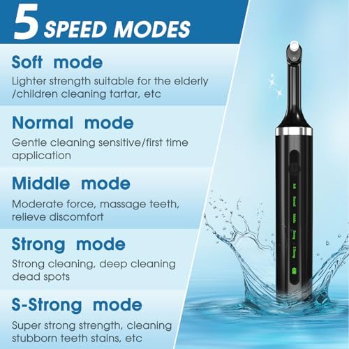 Tooth Polisher - Plaque Remover for Teeth Whitening Dental Tools Electric Tartar Polishing Teeth Cleaning Kit with LED Light 5 Speed Modes with 5 Replacement Brush Heads (Black)