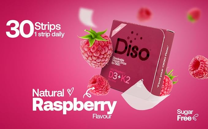 DISO - D3+K2 - Dissolvable Supplement Oral Strips, Wild Raspberry Flavor, Vegan, Sugar Free, Maximum Absorption, Gluten Free, Individually Wrapped, for Healthy Bones and Teeth, 30 Count