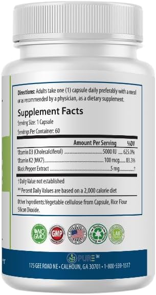 PURE D3 + K2, 5000 IU Vitamin D3, 100 mcg Vitamin K2, Black Pepper Extract, 60 Capsules, 2-Month Supply, Bone & Immune Support