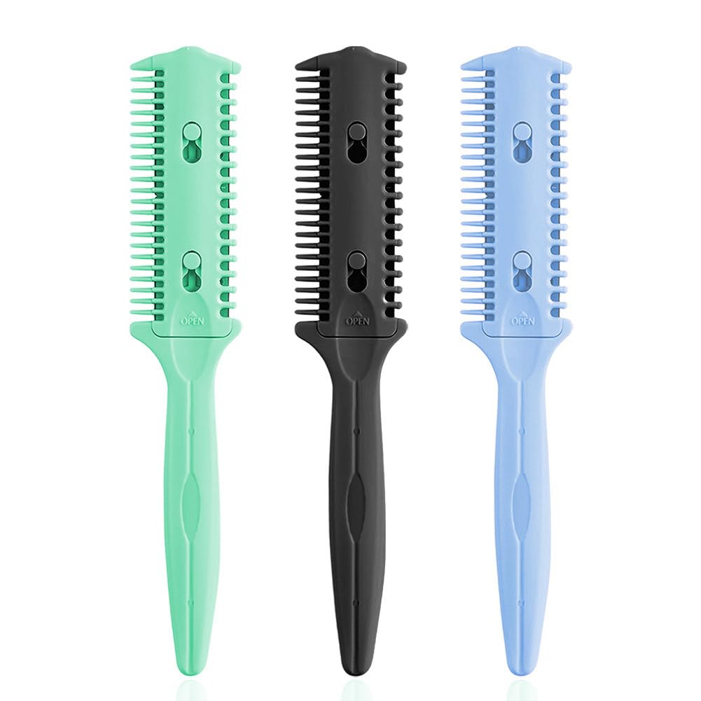 Soft 'N Style 3 Pack Double-Sided Hair Trimmer Comb - Split Ends Razor Styler for Thin and Thick Hair Cutting and Styling (Green, Black, Blue)