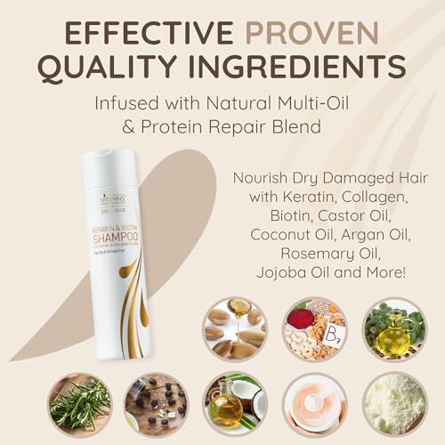 VITAMINS hair cosmetics Keratin Shampoo Treatment - Biotin & Collagen Protein with Castor Oil for Curly Wavy or Straight Locks - Sulfate Free Product for Dry Damaged or Color Treated Hair