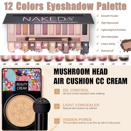 All in One Makeup Kit,Includes Naked Eyeshadow,Liquid Foundation,CC Cream,Lipstick Set,Mascara,Makeup Brush,Makeup Sponge,Eyebrow Powder,Eyebrow Soap,Eyeliner Stamp, Primer,Contour Stick,Cosmetic Bag