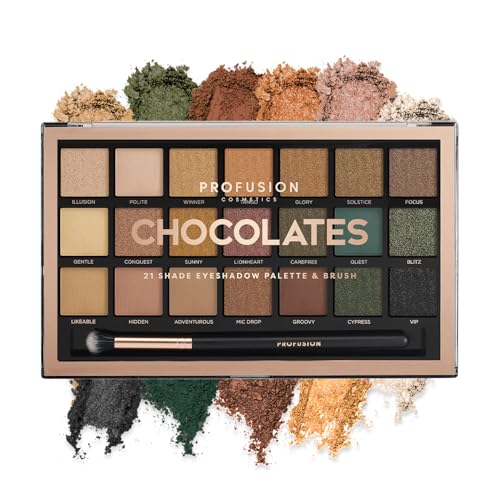 Profusion Cosmetics 21 Shade Eyeshadow Palette Collection & Brush, Chocolate-Inspired Matte, Shimmer & Satin Finishes, Blendable Pigments, Cruelty-Free Eye Makeup