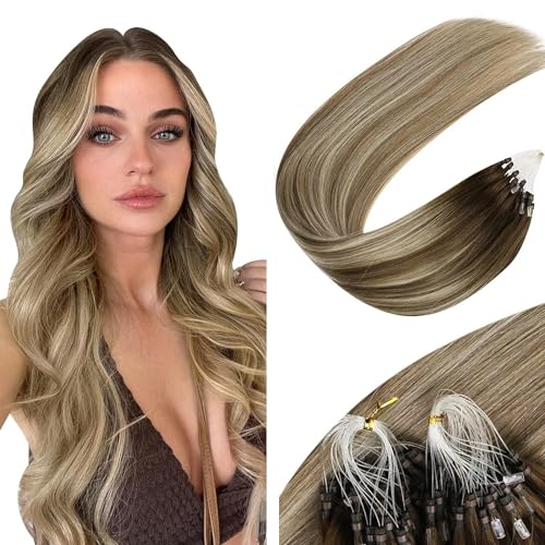 Sunny Hair 16'' Human Hair Balayage Brown Hair Extensions, 50G, Micro Loop, Cold Fusion, Straight, Undetectable, Convenient, Saf