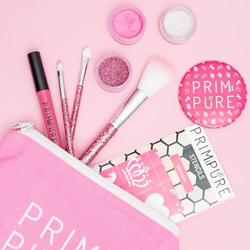 Prim and Pure Kids Makeup Gift Set - Stencil, Makeup Eyeshadow Bioglitter Lip Gloss and Cosmetic Bag Mirror Makeup Brush Accessories (Unicorn Pink)