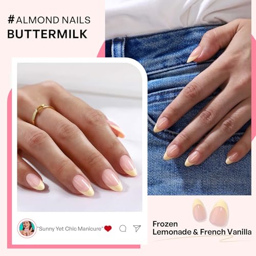Yellow French Tip Press on Nails - GJZEZ Spring Almond Short Butter Yellow Soft Gel Fake Nails, Stunning Salon Quality False Glue on Nail | 16 Sizes - 32 Reusable Nail Kit with Glue, Buttermilk