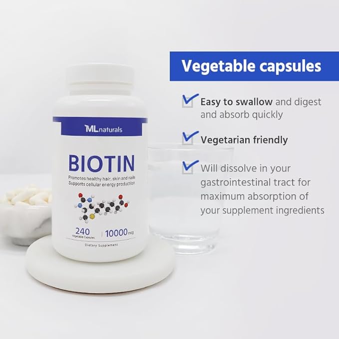 Biotin 10000 mcg 240 Vegetable Capsules. Supports Healthy Hair, Skin, Nails, and Energy Production.
