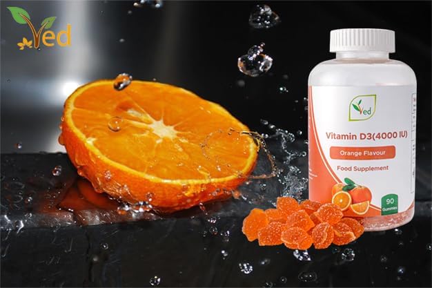 Ved Vitamin D3 Gummies for Adults 4000IU, Non GMO- Gluten Free, Orange Flavour -High Strength 90 Chewable Gummies (3 Month Supply)