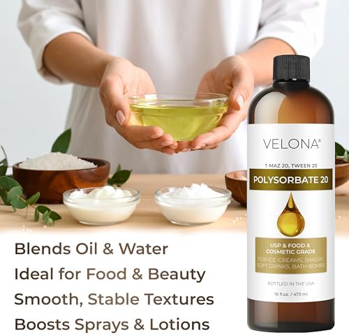 Polysorbate 20 by Velona - 16 Fl Oz | Solubilizer, Food & Cosmetic Grade | All Natural for Cooking, Skin Care and Bath Bombs | Use Today - Enjoy Results