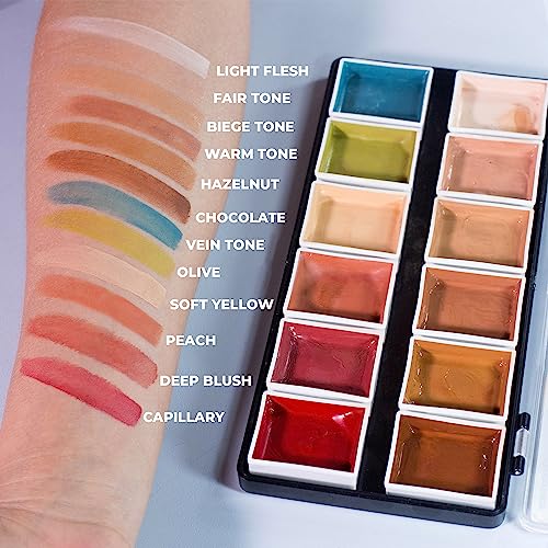 12-Color Flesh Tone Alcohol-Activated Palette, Tattoo Cover, Highly Pigmented Professional SFX Makeup for Film, Theatre, TV