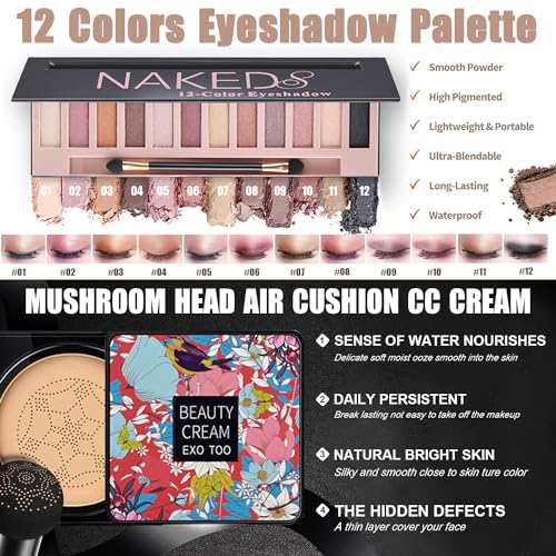 All in One Makeup Kit, 12 Colors Eyeshadow, Foundation & Primer, CC Cream, Lipsticks, Mascara, Makeup Brush & Sponge, Brow Pencil & Soap, Eyeliner, Contour Stick, Cosmetics Bag